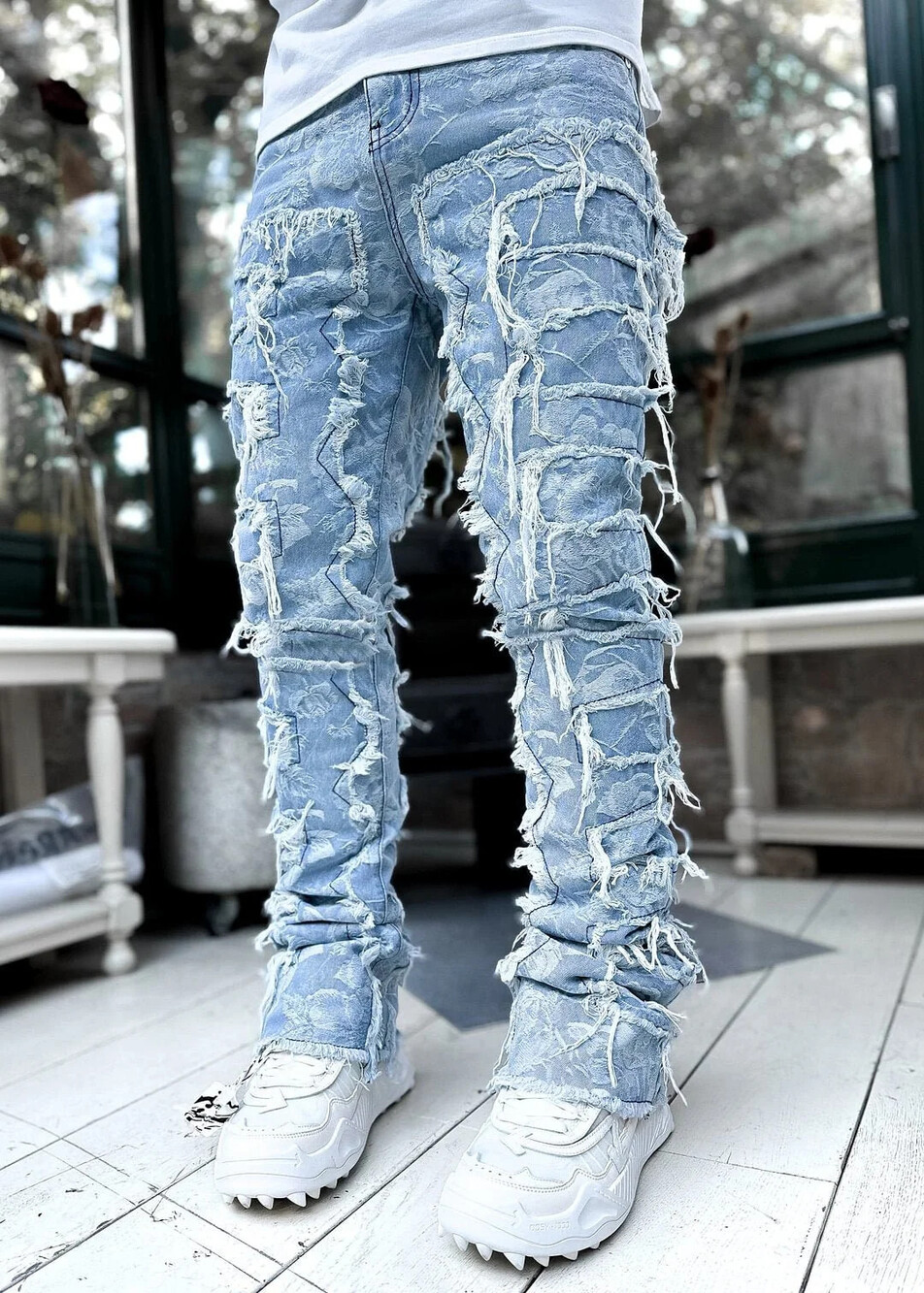 Men's Ripped Stacked Jeans | Fringe Detail | Slim Streetwear Denim